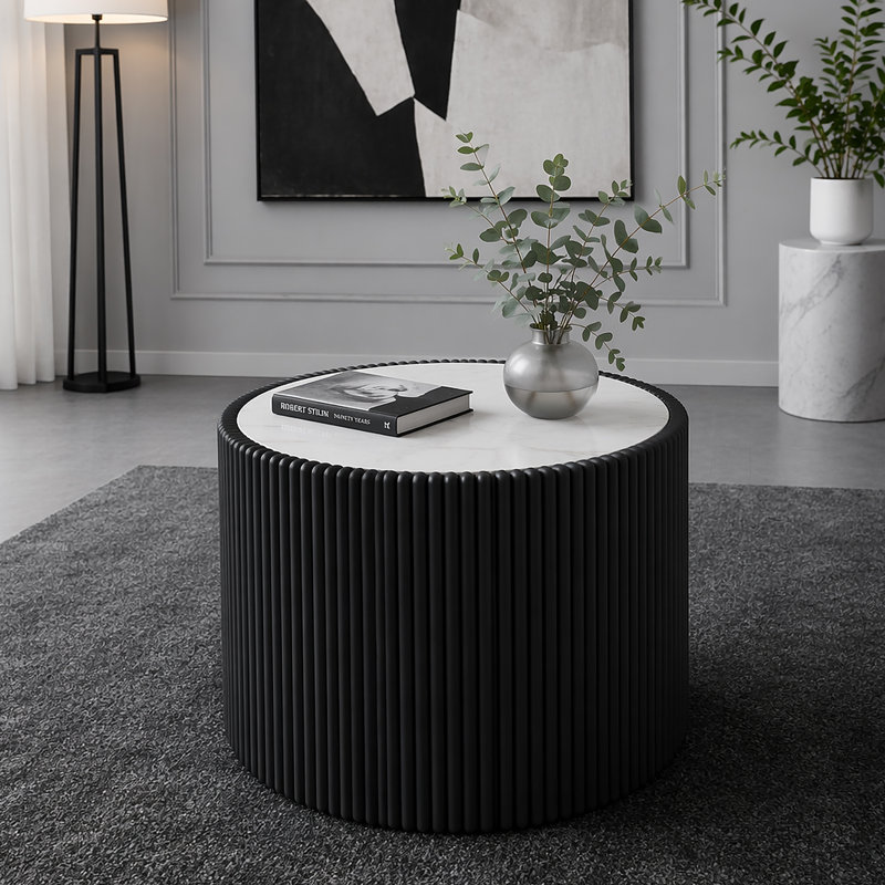 Table de canapé moderne en marbre clair avec dessus en cuir cylindrique pour meubles de salon, Noir
