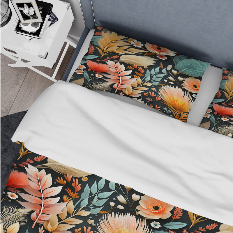 Yellow Floral Feathered Dream - Ensemble de housse de couette floral, Housse de couette simple + 1 taie décorative stan