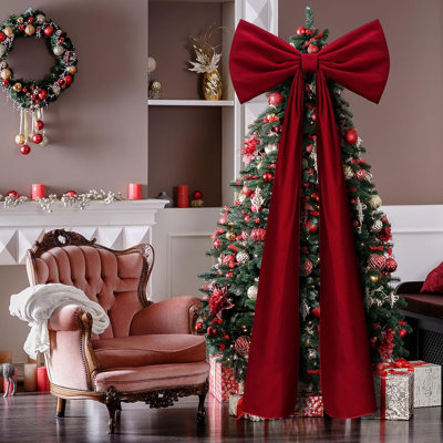 20 x 71 Inch Large Christmas Velvet Bow, Deep Red Decorative Holiday Bow for Christmas Tree, Wreath, Door, Window, Staircase & Home Décor