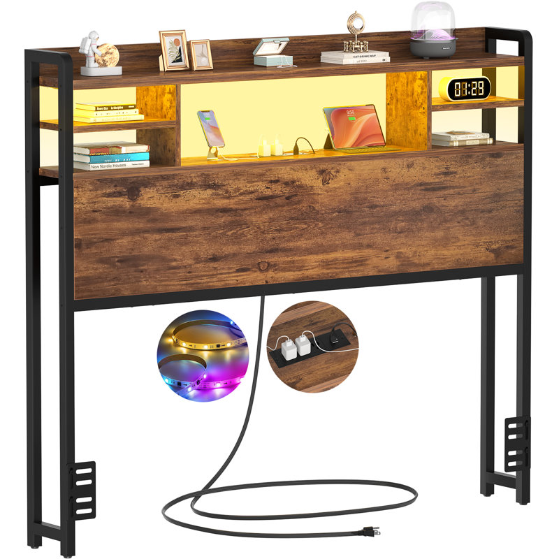 Storage Headboard with LED Lights, Bookcase Headboard with Charging Station, Twin, Brown