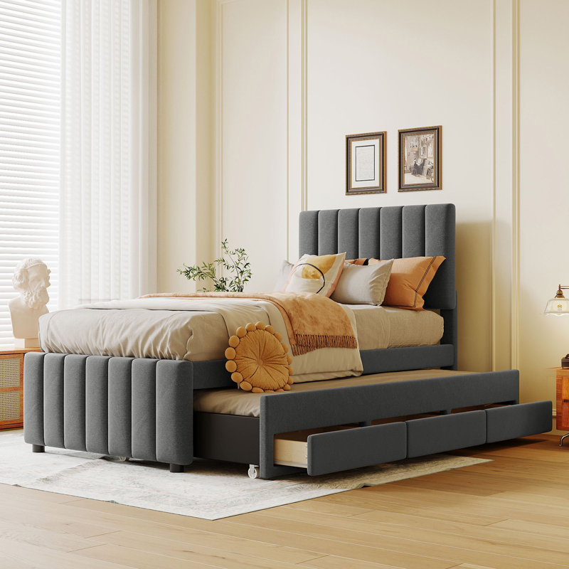 Twin Size Upholstered Platform Bed With Trundle And 3 Drawers, Linen Fabric