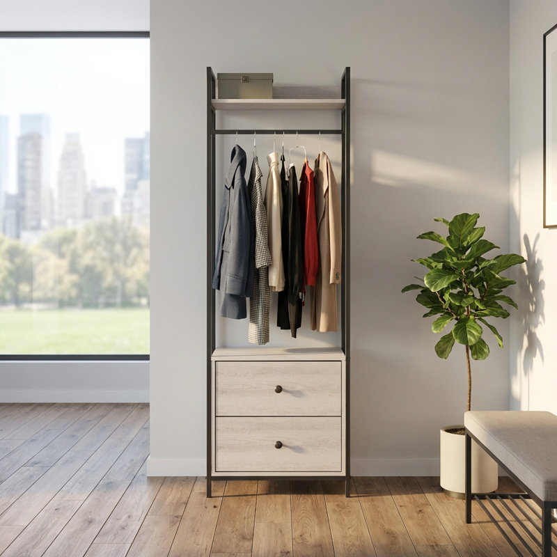 Alva Open Wardrobe with 2 Drawers, White Oak