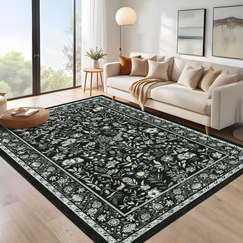 Extra Large Area Rug 10x13 Modern Farmhouse Floral Rug Non Slip, Washable & Foldable, Low Pile Thin Foldable Printed Mat, Soft Non Shedding Indoor Carpet for Hotel Office, Black