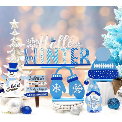 Winter Table Decorations – Black, White & Blue – Wooden Snowman & Snowflake Centerpieces, Tiered Tray And Tabletop Style