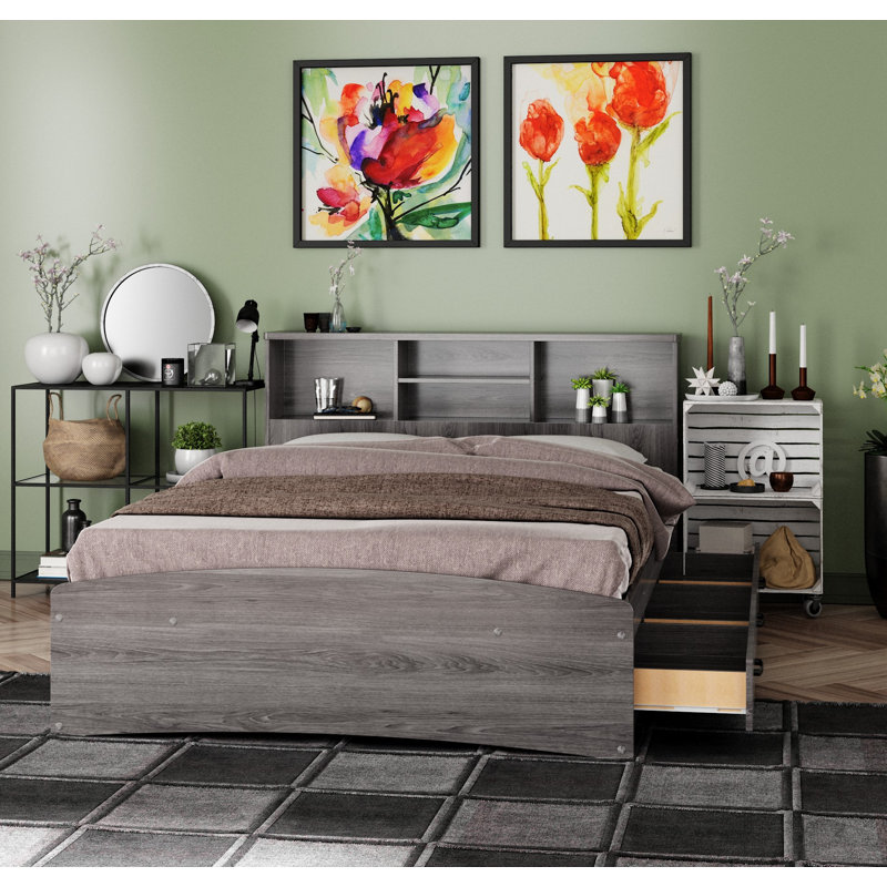 Monira Bed Frame With Storage & Headboard New Design, Gray, Full