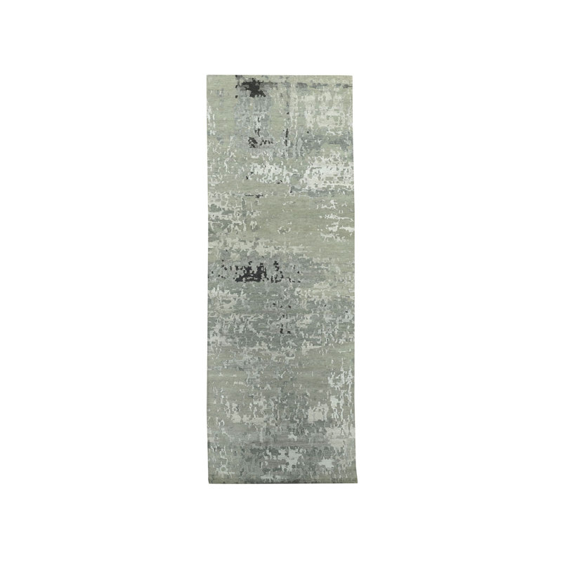 Tapis de couloir gris noué à la main de conception unique 2 pi 8 po x 19 pi 10 po Fridlund