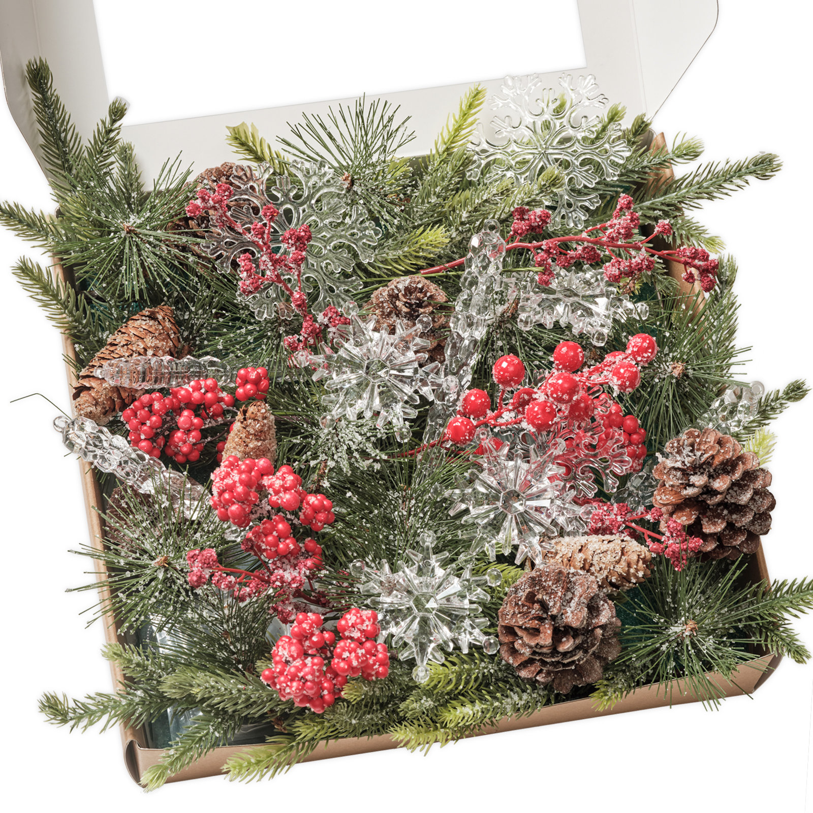 Christmas Pinecone and Berry Picks with Hanging Snow Flake Acrylic Ornaments Combo The Holiday Aisle