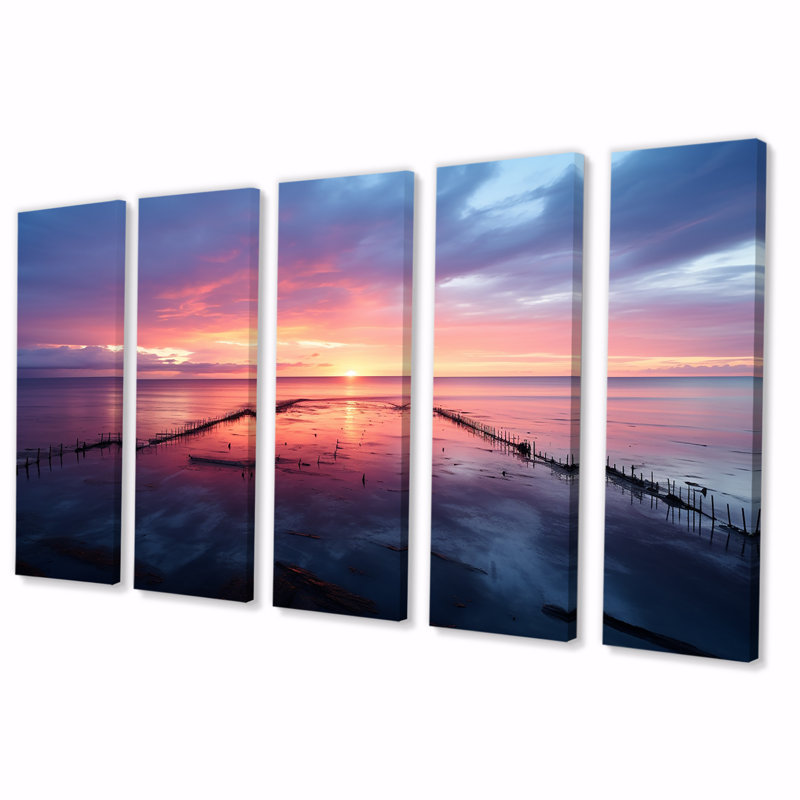 «Pink and Blue Pier» Horizon Sunset IV - Coastal Pier, ensemble d'art mural 5 pièces, H 32 po x l 80 po