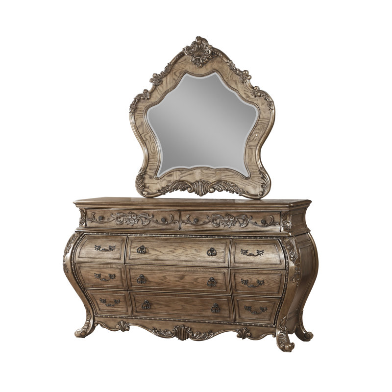 Miroir de commode biseauté traditionnel Cha, Chêne rétro