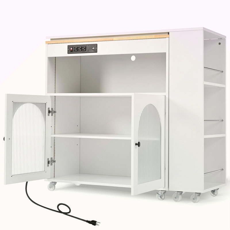 Îlot de cuisine roulant avec table allongée, îlot de cuisine sur roulettes avec lumières DEL, prises de courant et 2 portes en verre cannelé, îlot de cuisine avec compartiment de rangement et 3 tablettes ouvertes latérales