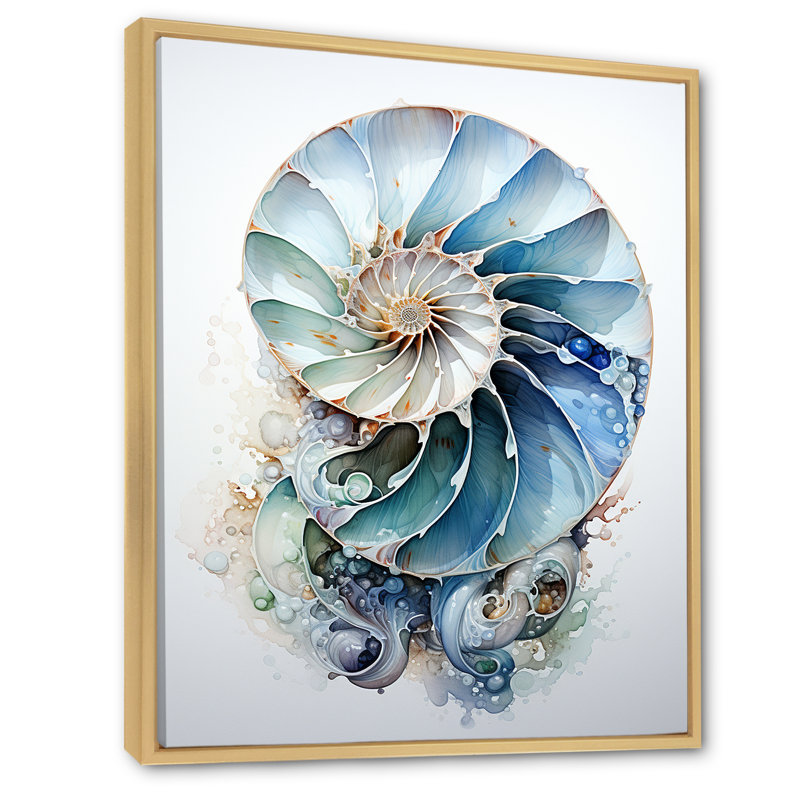 Nautilus Ocean Blue Sheels Symetry - Nautilus, art mural, Reproduction avec cadre flottant, H 40 po x l 30 po, Érable