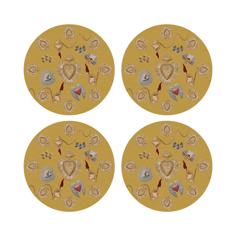 Ex Vote Sacred Hearts Vegan Leather Round Pebble Placemat, Gold