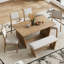 Ensemble de salle à manger rétro 6 pièces avec table rectangulaire et base trapézoïdale stable, comprenant 4 chaises rembourrées et un banc, idéal pour les salles à manger-1232975681