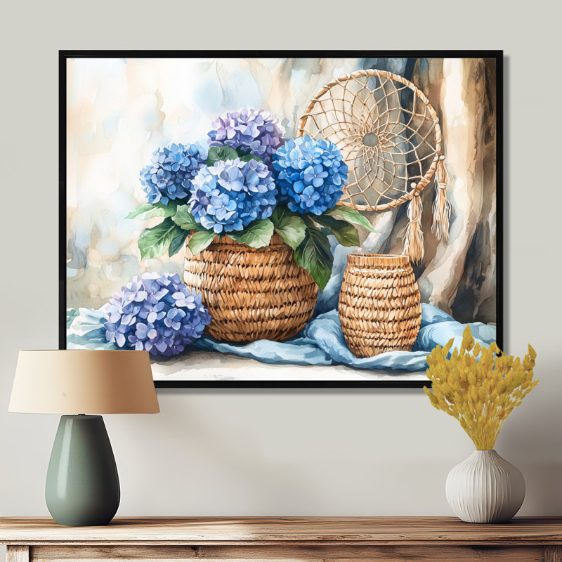 «Boho Blue Hydrangea Bliss I», art mural grand hortensia, H 12 po x l 20 po, Impression sur cadre flottant, Noir