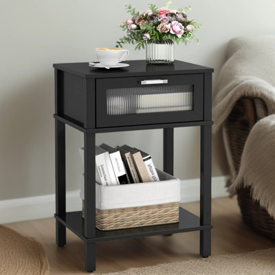Nightstand With Drawer And Storage Shelf, Wooden Bedside Table With Glass, Small End Table For Bedroom And Living Room