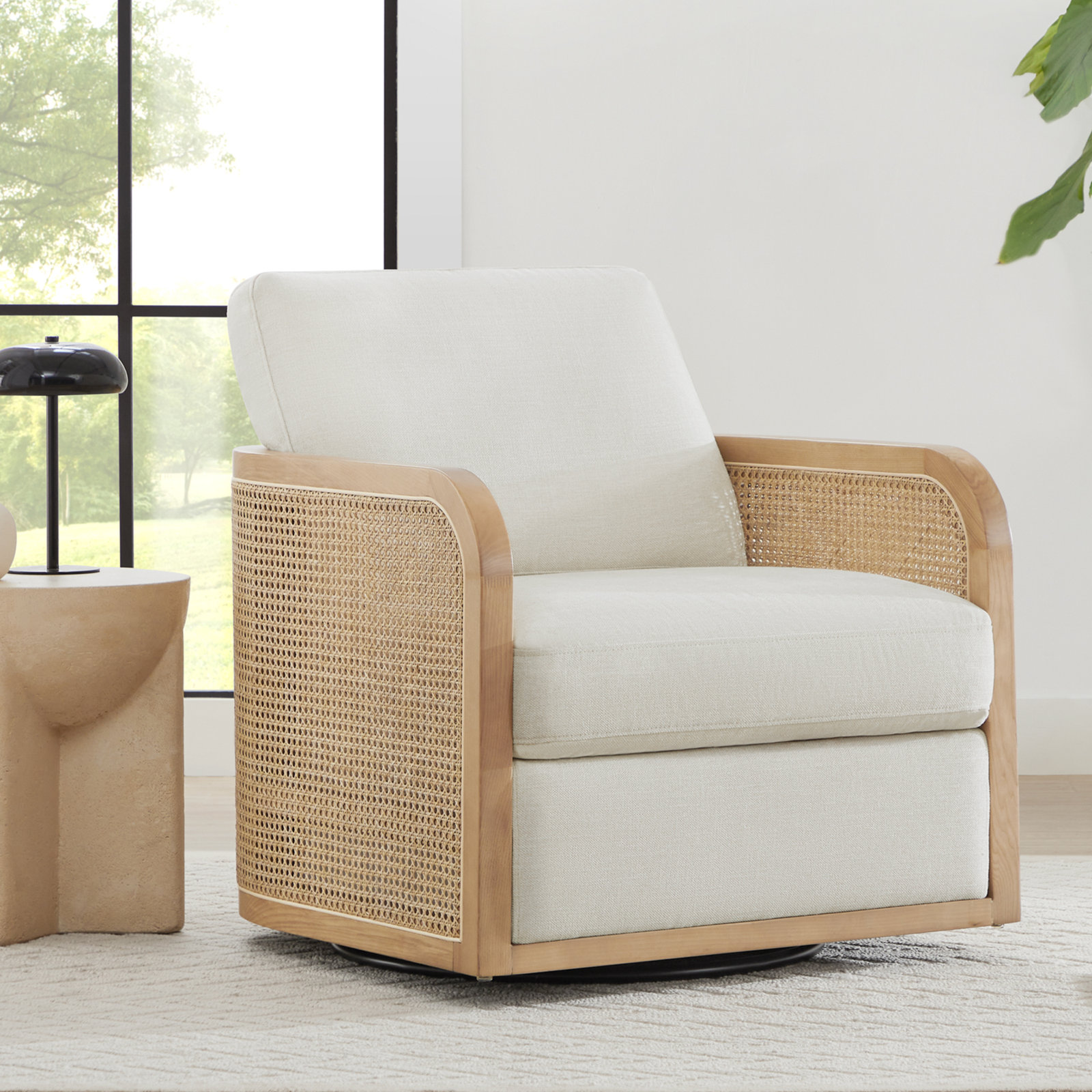 Juliette Upholstered Natural Cane Swivel Barrel Chair
