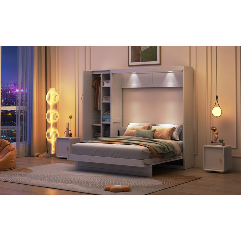 Lit grand avec tablettes de rangement pratiques, garde-robe et lumière sereine, Blanc, Grand lit
