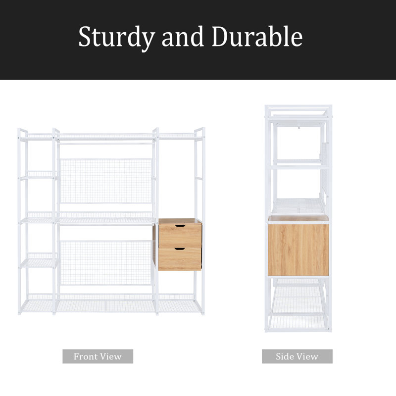 Garde-robe de style ouvert avec rails suspendus, tablettes et tiroirs, Blanc