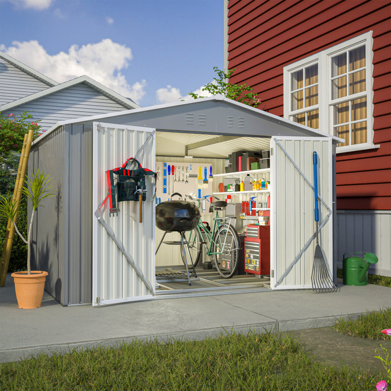 Remise de rangement pour outils 10X8 pi avec fondation en métal et portes verrouillables, remise en métal toutes saisons pour le jardin, le patio, la cour arrière