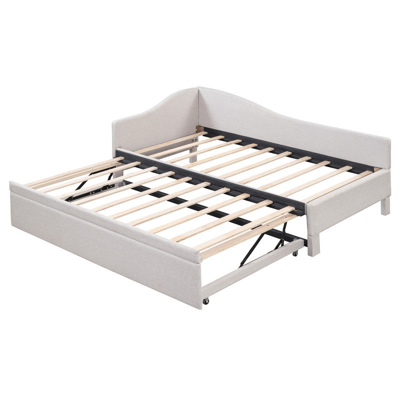 Twin Size Upholstered L-Shaped Upholstered Daybed with Pop Up Trundle, Pink, Beige