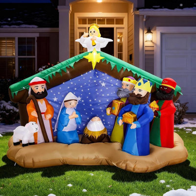 Crèche de Noël gonflable de Noël avec Marie, Joseph et l'enfant Jésus, décoration de Noël illuminée pour la pelouse, le jardin, la cour et l'extérieur