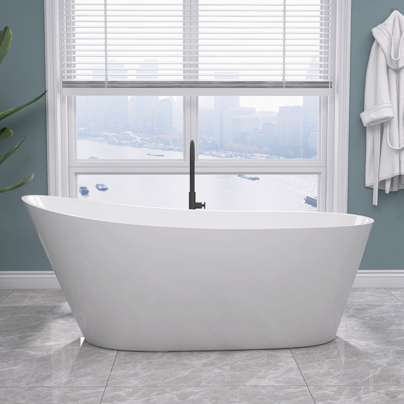 55 In. W × 29 In. D × 27 In. H White Freestanding Bathtub Acrylic Multi-Layer Construction With Drain Overflow 55 Gallon Capacity
