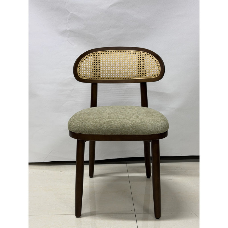Chaise rembourrée Mid-Century en bois massif avec dossier en rotin, Beige