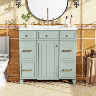 Meuble-lavabo 36 po avec lavabo en céramique, bois massif, 3 tiroirs, fermeture en douceur, armoire de rangement réglable, lavabo, unité