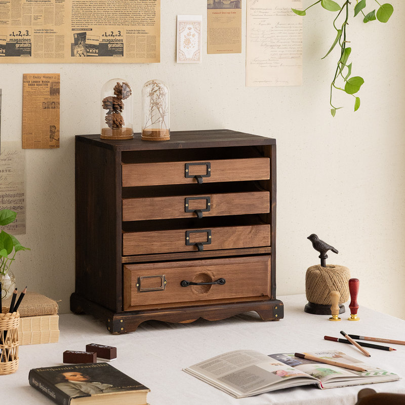 Organiseur de bureau vintage en bois massif à 4 tiroirs, 35,5 cm de large
