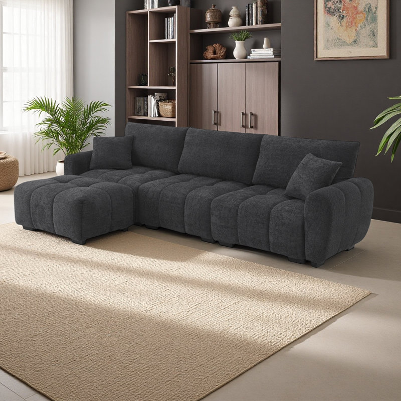 Canapé modulaire de 110 po, en forme de L avec siège très grand, conception à tirette, repose-pieds mobile, mousse haute densité, combinaison libre, structure en métal et en bois robuste, tissu bouclé