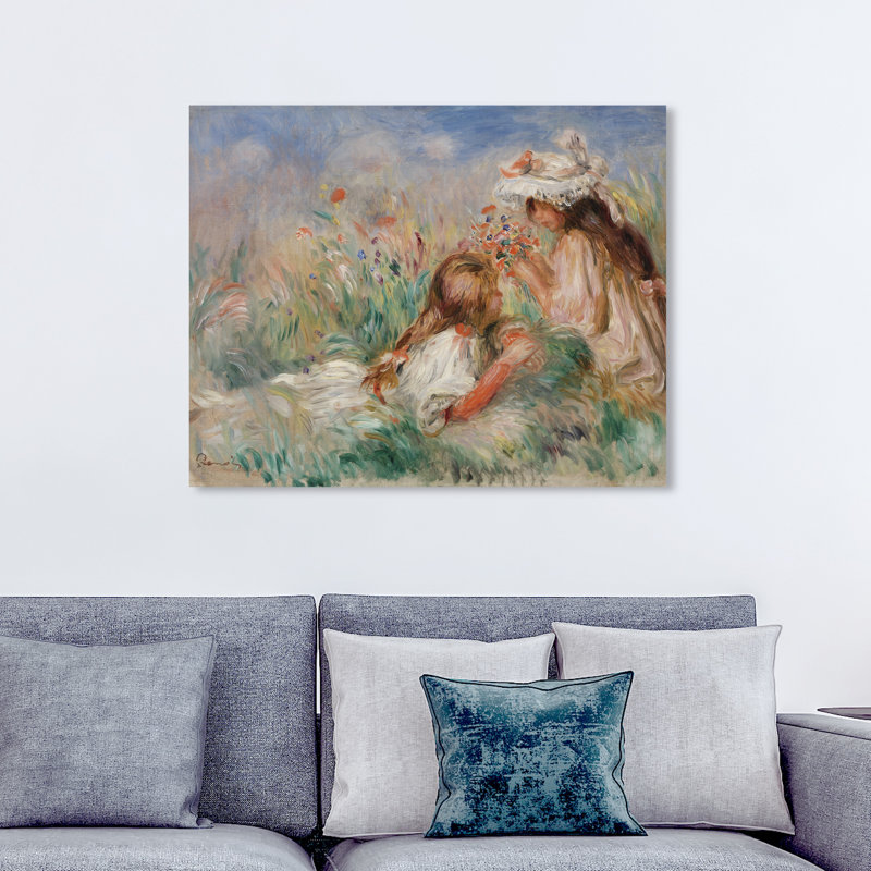 Les filles dans l'herbe par Pierre Auguste Renoir - Peinture sur toile, H 36 po x l 45 po, Toile tendue