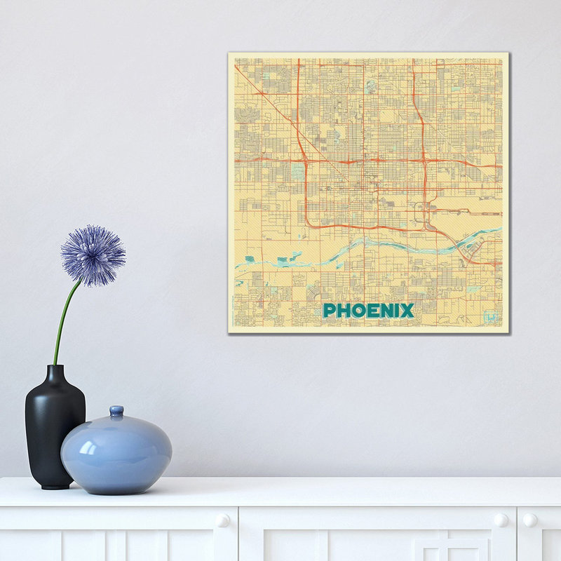 Phoenix Retro Urban Blueprint Map by Hubert Roguski - Wrapped Canvas Gallery-Wrapped Canvas Giclée, 45.72 cm H x 45.72 cm W