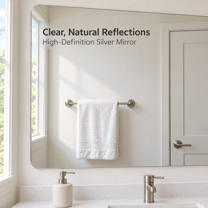 Frameless Rounded Corner Bathroom Vanity Mirror, 5mm Copper-Free Silver Glass with Safety Backing, Horizontal or Vertical Wall Mount