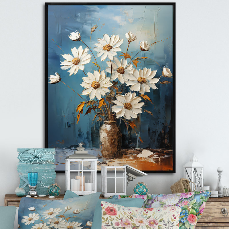 Bouquet de marguerites blanches - sérénité - décoration murale marguerites, Cadre flottant noir, H 32 po x l 24 po x P 1 po