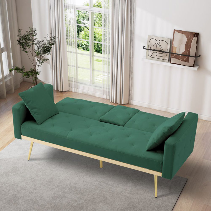 Causeuse moderne en velours 67,9 po avec support en bois massif et 2 coussins, Vert foncé