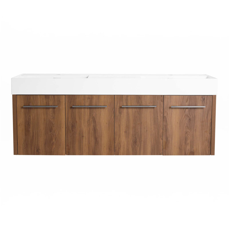 Meuble-lavabo mural 60 po avec lavabo, lavabo à double rebord épais en résine, Blanc