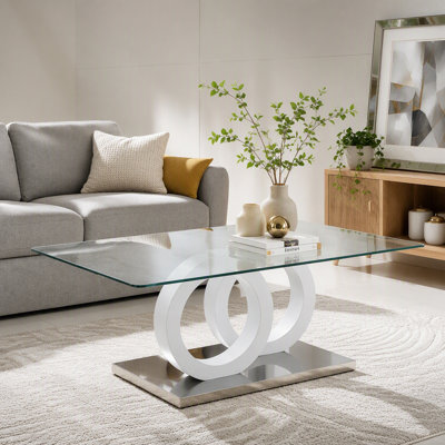 Contemporary Style Glass-Top MDF Coffee Table With White Base - Suitable For Living Rooms And Lounge Areas, Product Dimensions Are 47.2*25.6*17.8Inches.