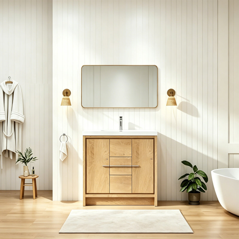  Meuble-lavabo simple 48 po avec comptoir en résine blanc brillant, moderne pour petite salle de bain, 48"