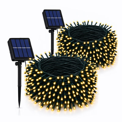 2 Pack 66 ft Solar String Lights, 200 LED Waterproof, 8 Modes, Warm White