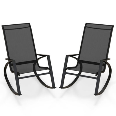 2 Pieces Patio Rocking Chairs Outdoor Sling Fabric Rockers With Ergonomic Backrest And Seat