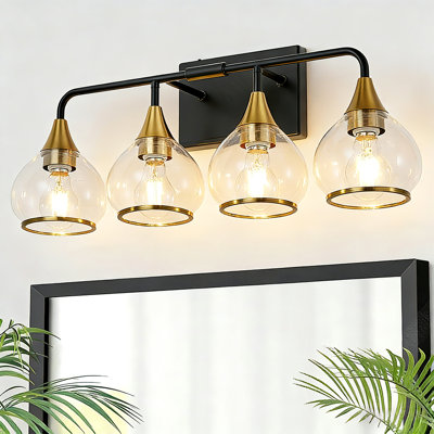 Modern 4-Light Bathroom Vanity Light, And Gold Industrial Wall Sconce With Clear Glass Shades, Wall Mounted Lighting Fixture For Mirror, Bathroom And Living Spaces (Bulb Not Included)