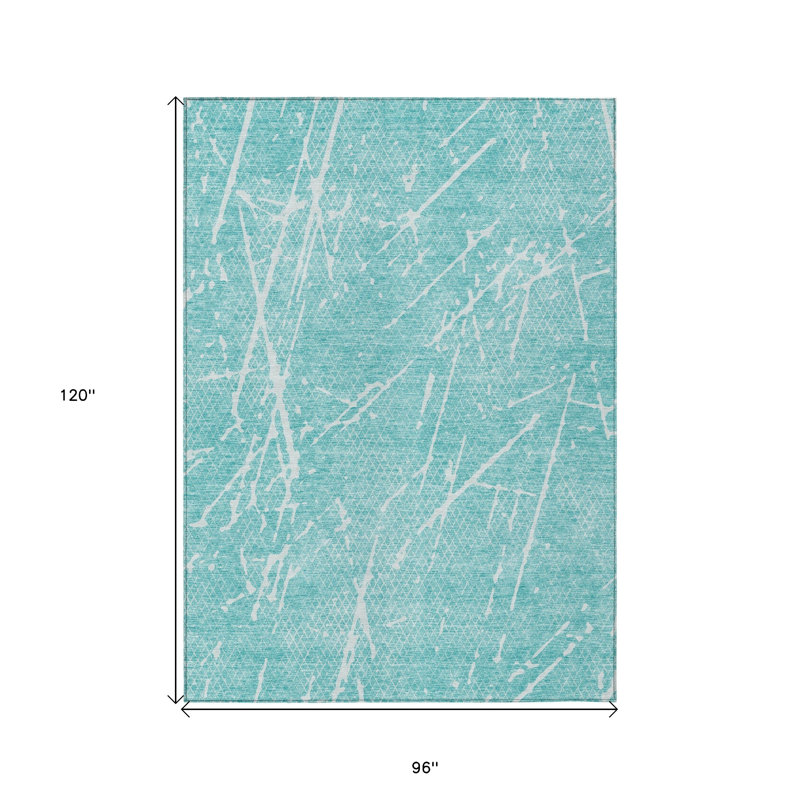 8' X 10' Teal Blue And Ivory Abstract Washable Indoor Outdoor Area Rug