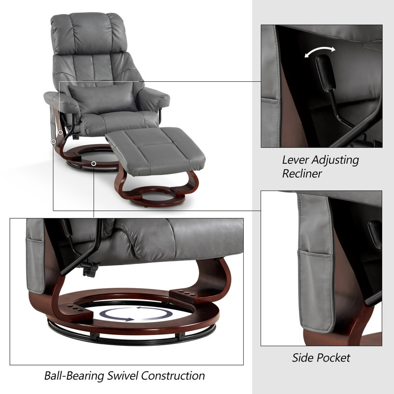 Huttonsville Reclining Chair with Vibration Massage and Removable Lumbar Pillow, 360 Degree Swivel, Gray
