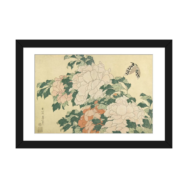 «Pivoines et papillon, vers 1830-31» par Katsushika Hokusai, reproduction sur toile, Papier d'art encadré noir, Blanc