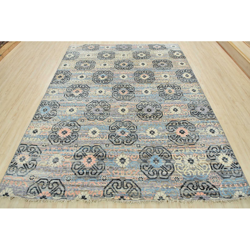 Tapis unique en laine noué à la main 8 pi x 10 pi 1 po nouvel âge Jumell en gris / noir / jaune
