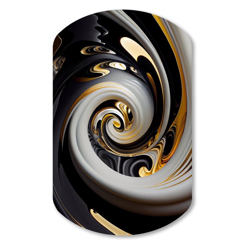 Or et noir vitrail spirale III - Spirales abstraites cylindriques en métal asymétrique, H 31 po x l 19 po x P 1 po