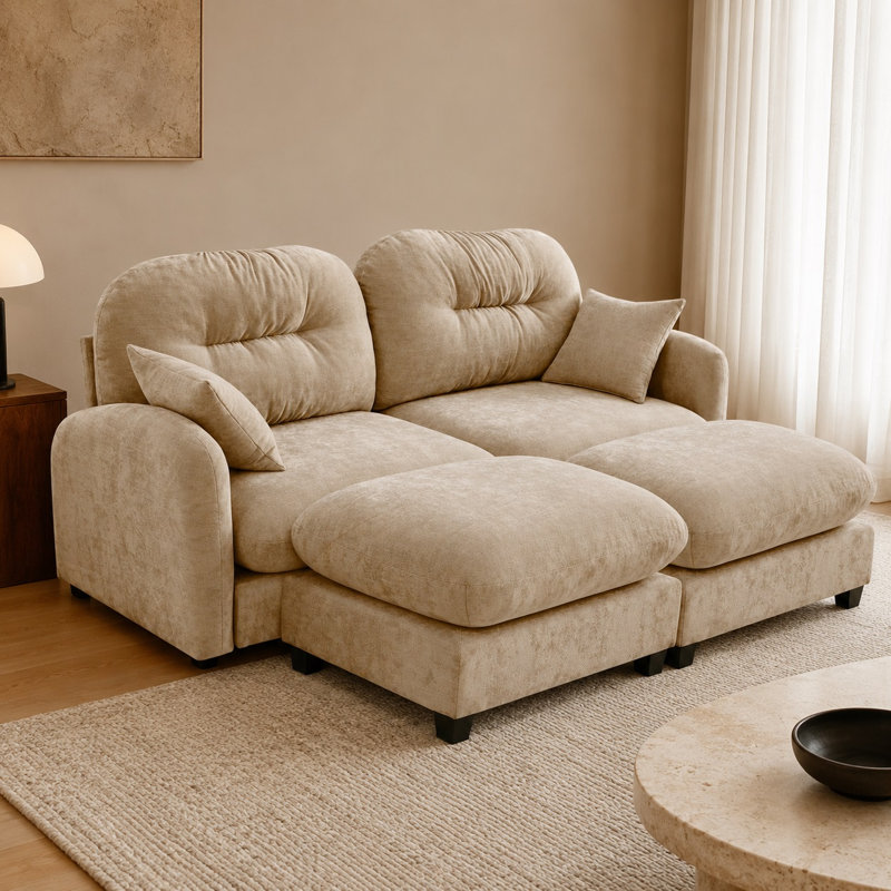 Canapé modulaire minimaliste en chenille plissée avec 2 poufs, canapé 2 places en forme de U, couleur camel