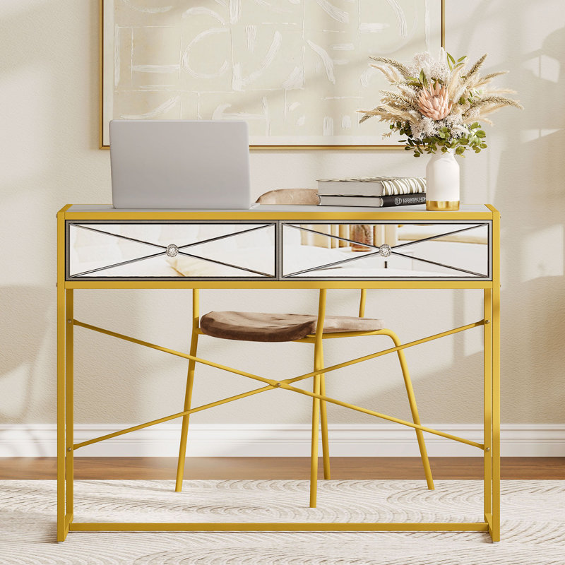 Mercer41 Vanity Desk With 2 Mirrored Drawers, Gold Dressing Table For Make Up, Console Table For Living Room, Entryway, Bedroom