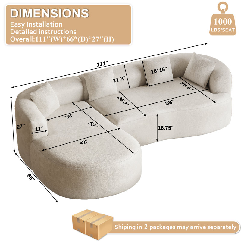 Canapé modulaire incurvé incurvé en L avec méridienne, sans assemblage requis, Chenille beige, Orienté à gauche (vu de face)