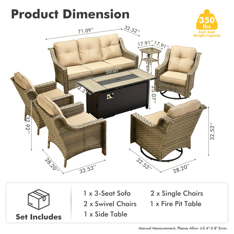 Emanuell 7 - Person Wicker Outdoor Conversation Set, Patio Sofa & Swivel Chair Set with Fire Pit and Cushions, Beige